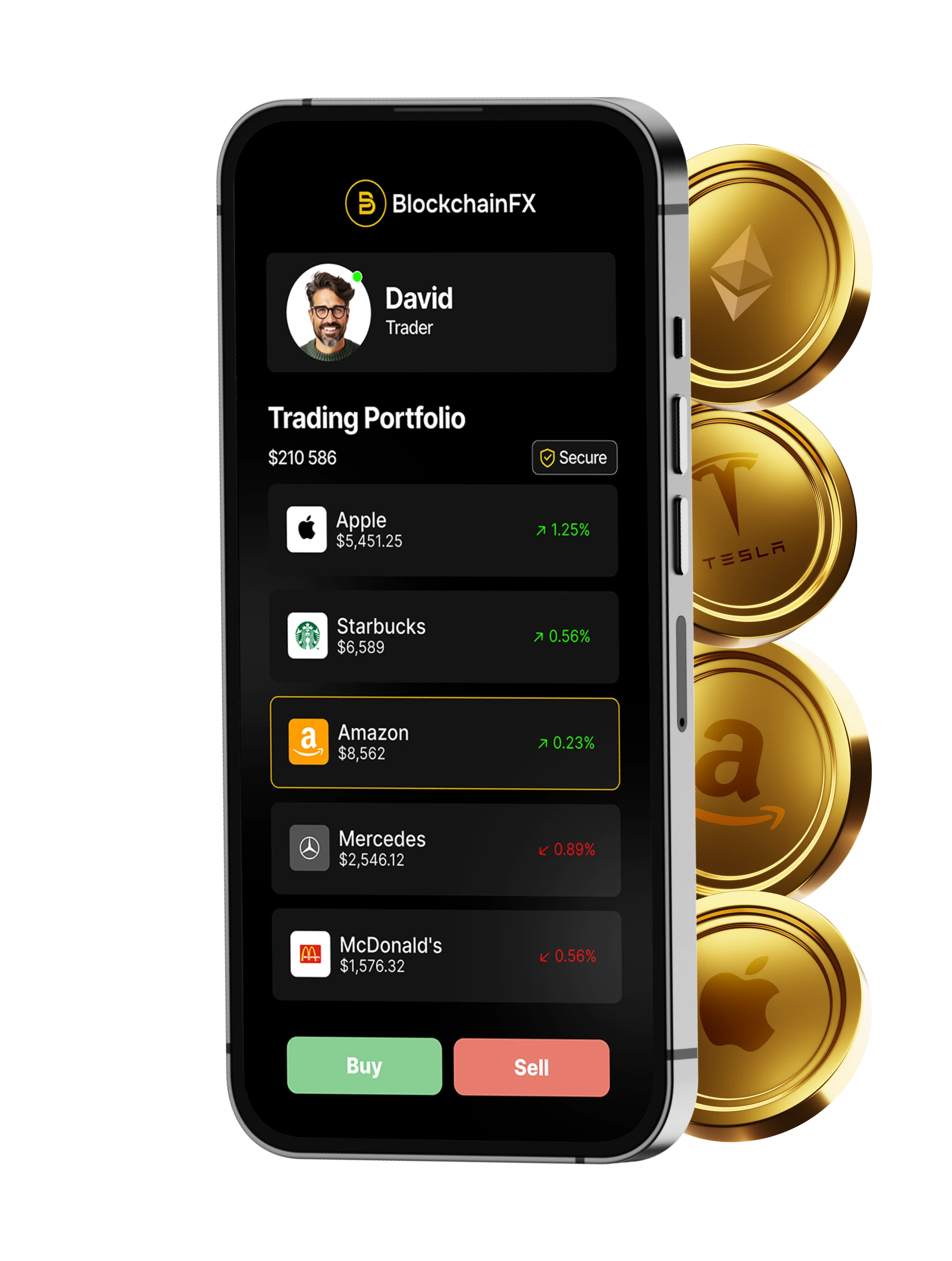 BlockchainFX mobile trading app with portfolio overview and crypto coins in the background.